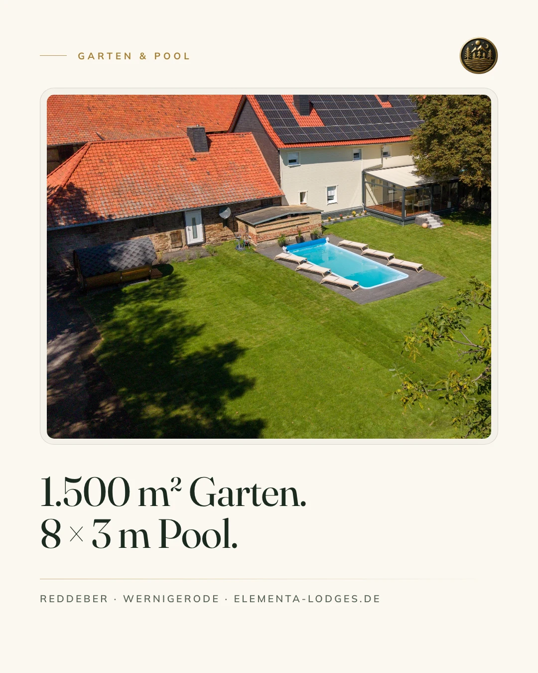 Instagram-Beitrag für Elementa Lodges: 1.500 m² Garten und 8 × 3 m Pool, Luftbild
