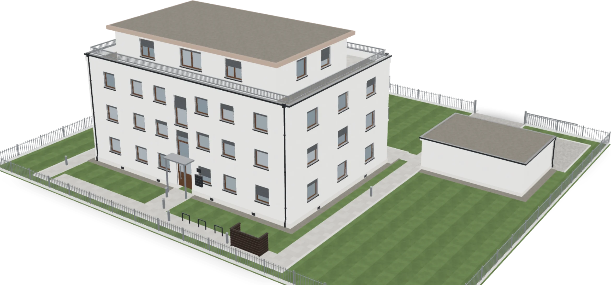 3D-Modell eines geplanten Mehrfamilienhauses mit Garten und Nebengebäude, Beispiel für eine Projektwebsite