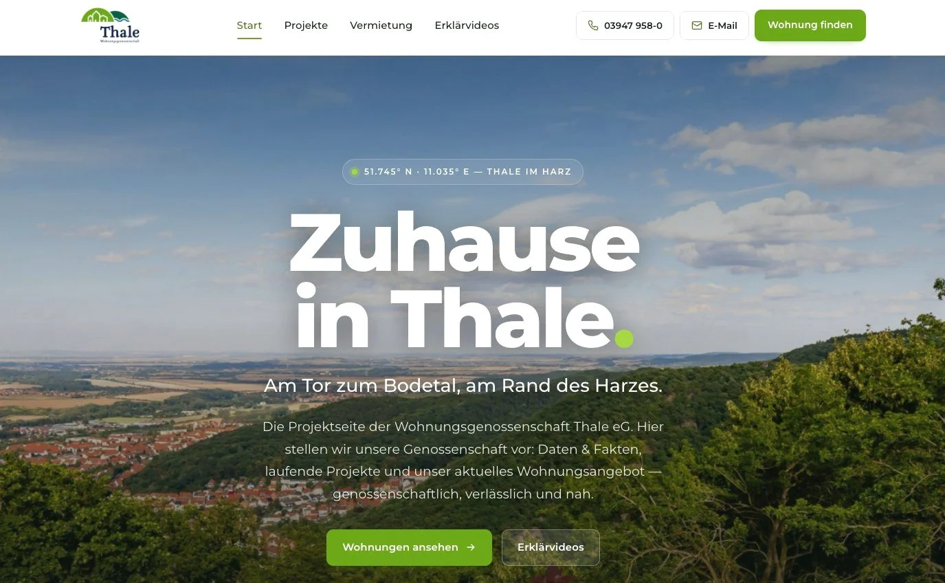 Website „Zuhause in Thale“ der Wohnungsgenossenschaft Thale eG, gebaut von Growit