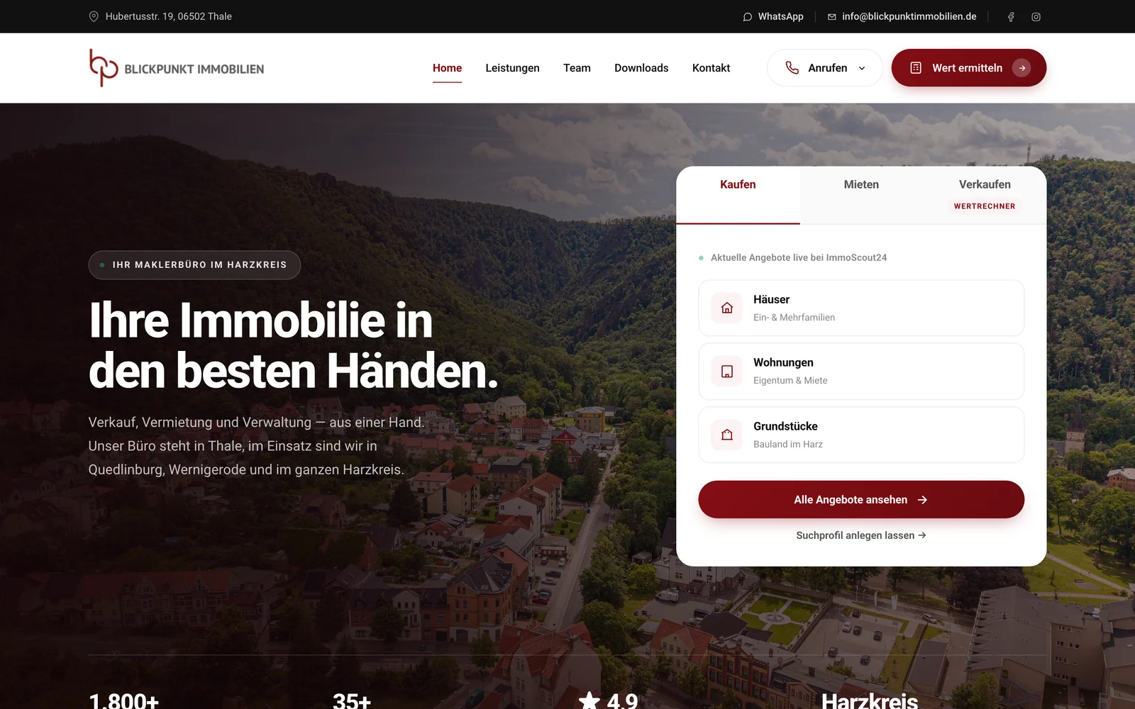 Startseite der Website von Blickpunkt Immobilien