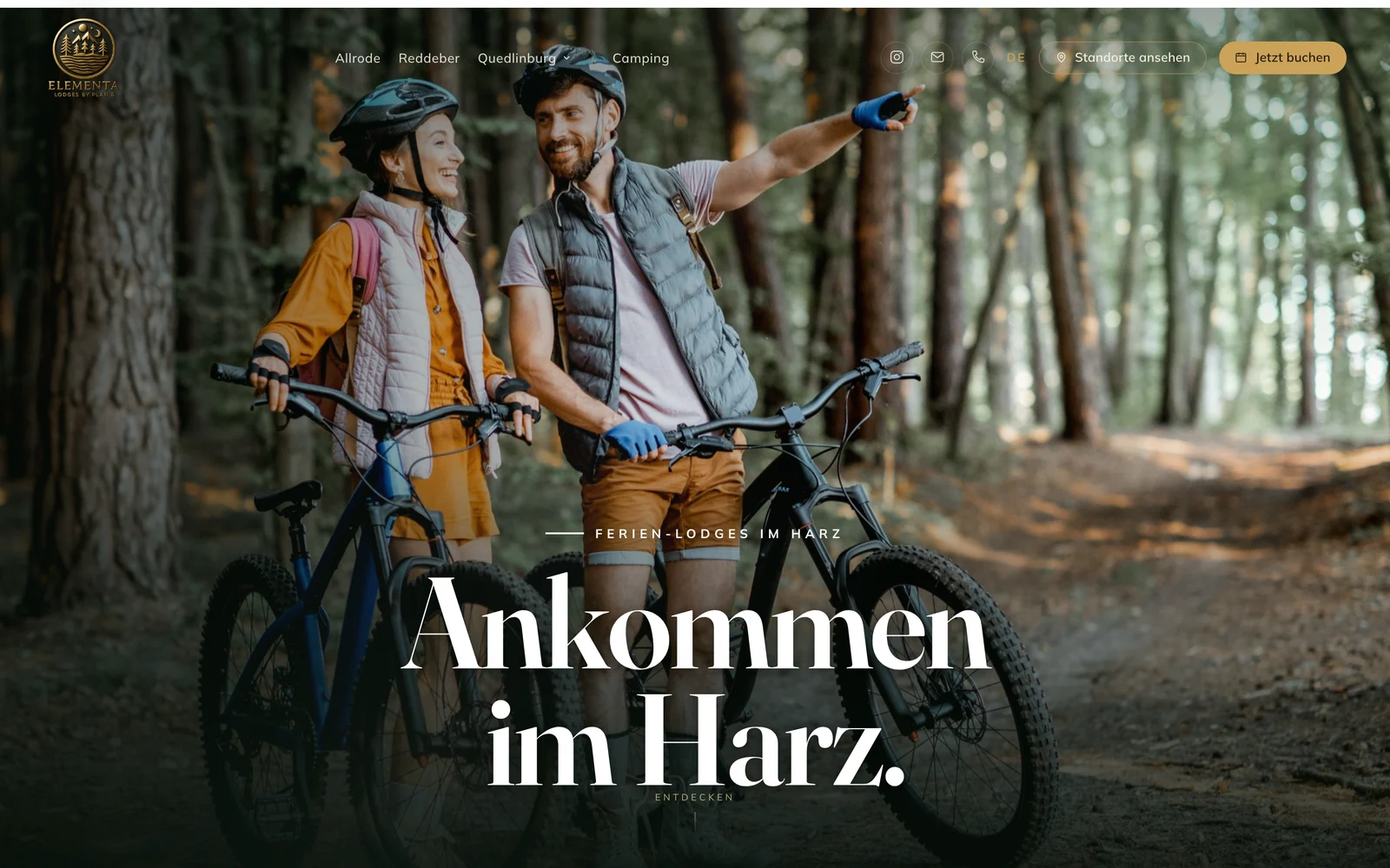Startseite der Website von Elementa Lodges