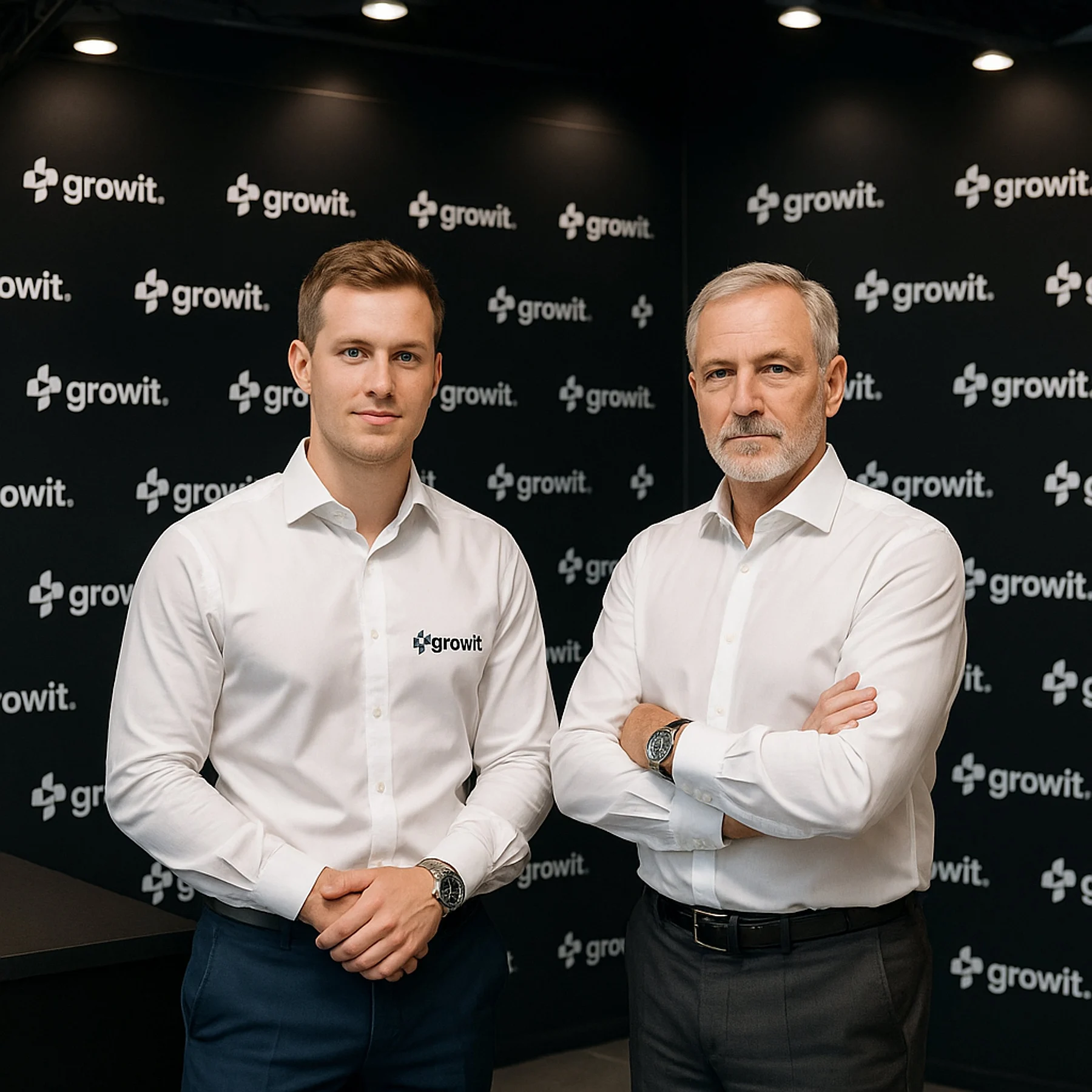 Zwei Mitglieder des Growit-Teams vor der Growit-Messewand